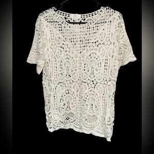 Adiva Cream Lace 100% Cotton Blouse Short Sleeve size M